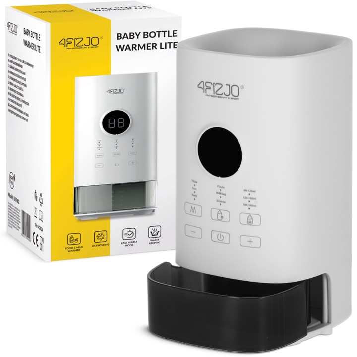 Incalzitor de sticle de lapte LITE 3 in 1, 4FIZJO, incalzire rapida a laptelui, trei moduri de functionare, afisaj de temperatura, temperatura potrivita pentru copil, dimensiuni 11.5 × 11.5 × 21 cm, capacitate rezervor de apa 200 ml, alb