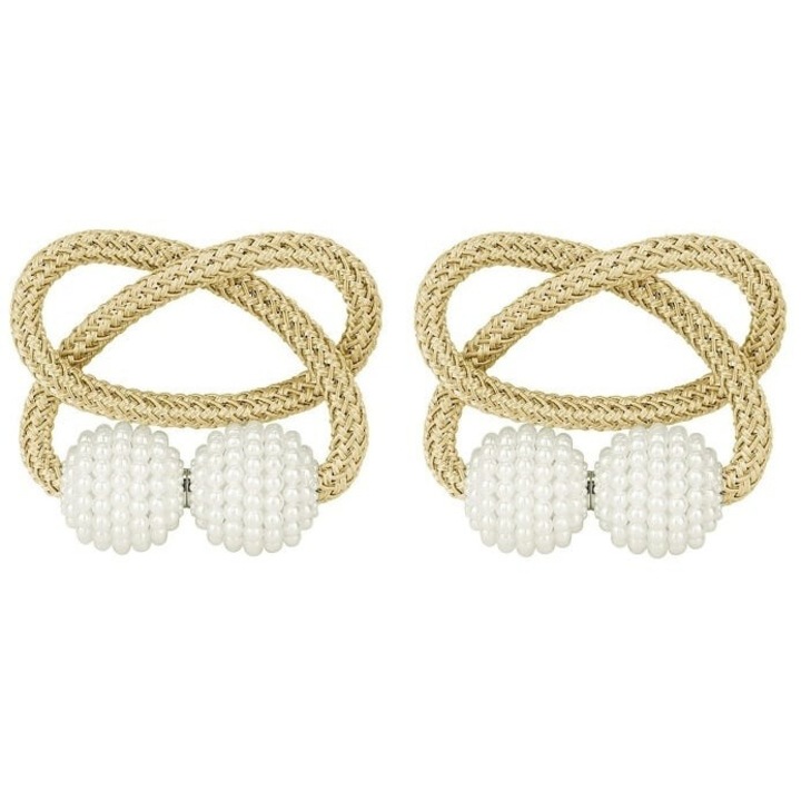 Set 2 magneti decorativi pentru perdele si draperii, catarama cu perle si curea cu textura tesuta, poliester, 48 cm, crem, Dactylion®