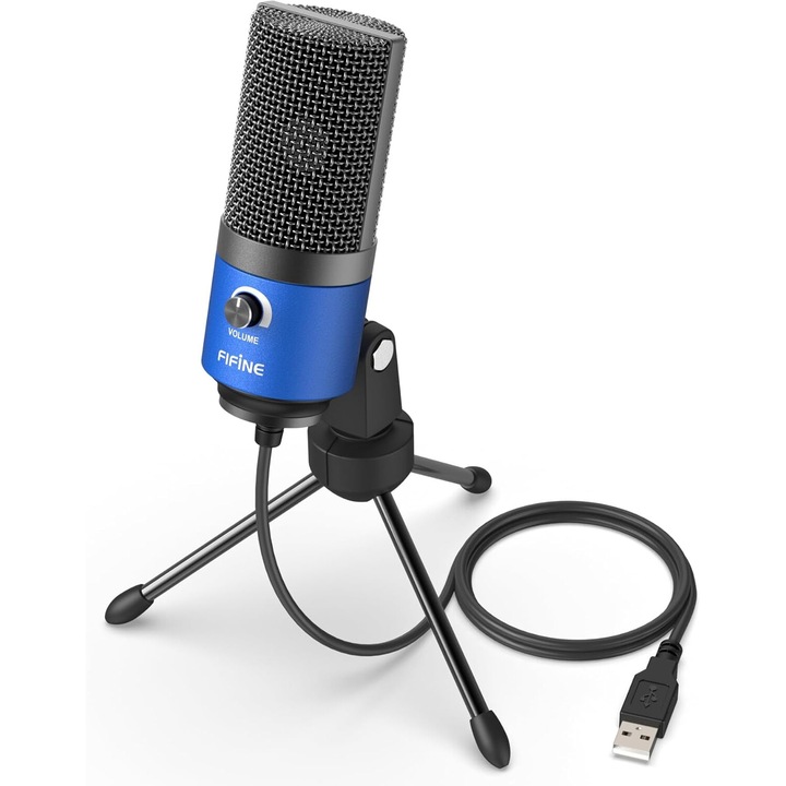 Microfon Condenser FIFINE K669L, Cardioid, USB, Control Volum, PC, PS4, Podcast, Streaming, Inregistrari Studio, Albastru