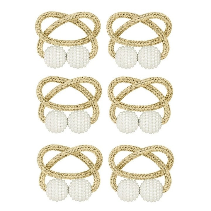 Set 6 magneti decorativi pentru perdele si draperii, catarama cu perle si curea cu textura tesuta, poliester, 48 cm, crem, Dactylion®