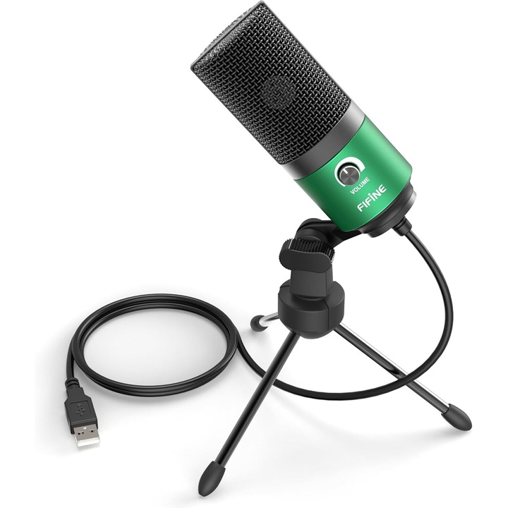 Microfon Condenser FIFINE K669G, Cardioid, USB, Control Volum, PC, PS4, Podcast, Streaming, Inregistrari Studio, Verde