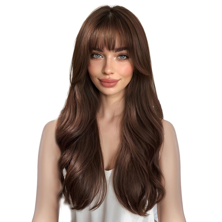 Синтетична перука HESU, дълга, вълниста, брюнетка, с бретон, 60 см, комплект с шапка на перука и стойка за перука