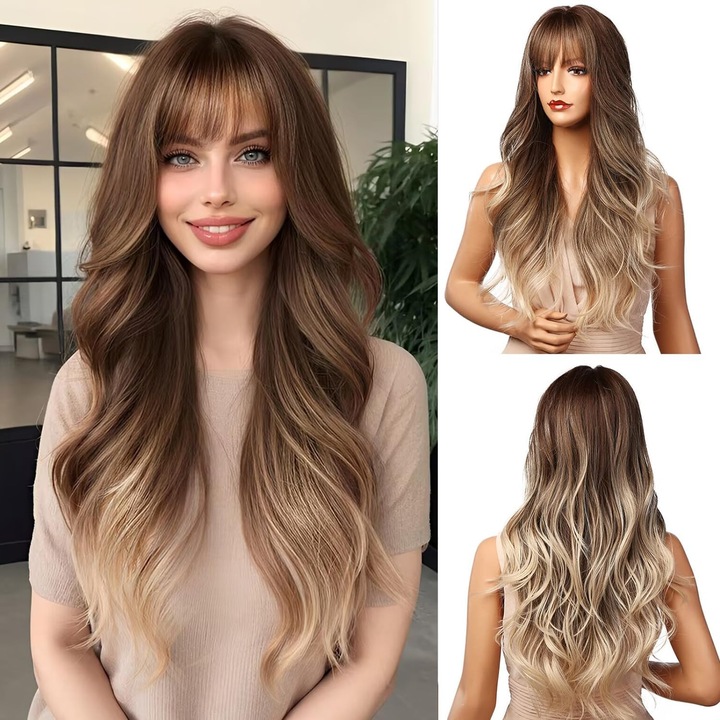 HESU- Peruca pentru femei, Peruca lunga ondulata, cu breton, ombre maro-blond，lungime 60cm