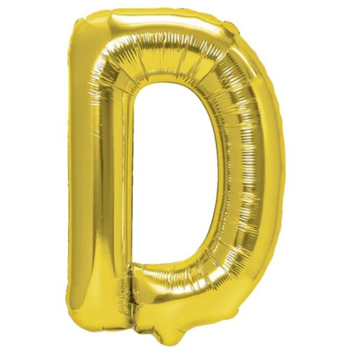 Fém fóliás léggömb D betű, Cyrax, 40 cm, héliummal vagy levegővel felfújva, külön csomagolva, szalmával együtt, arany