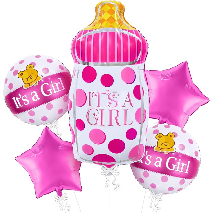 Set 5 baloane folie, decoratiuni petrecere, baby shower, it's a girl - baby girl 80cm, roz, biberon, ELDEPO®