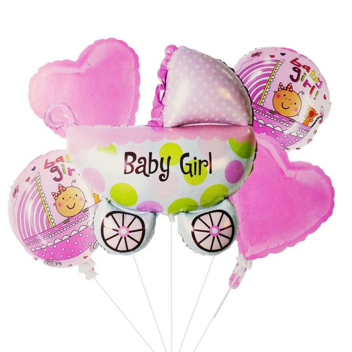 Set 5 baloane folie, decoratiuni petrecere, baby shower, it's a girl - baby girl 70cm, roz, carucior, ELDEPO®