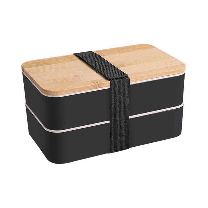 Кутия за обяд Bento, бамбук, 2 отделения, 1200 ML, черна/кремава