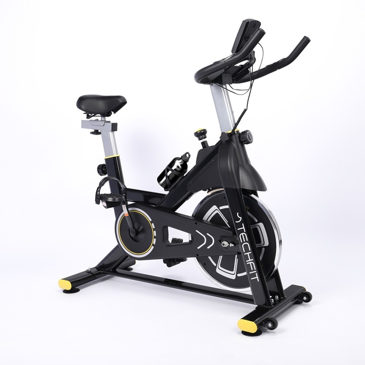 Велоергометър Spinning TECHFIT SBK800B, Инерционна система на маховика 8 Kg, Тегло на потребителя 120 Kg, Поддръжка за телефон/таблет, Поддръжка и включена бутилка за вода