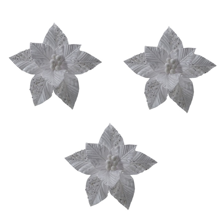 Decoratiune Craciun, Set 3 flori artificiale din catifea si paiete, alb, 26cm