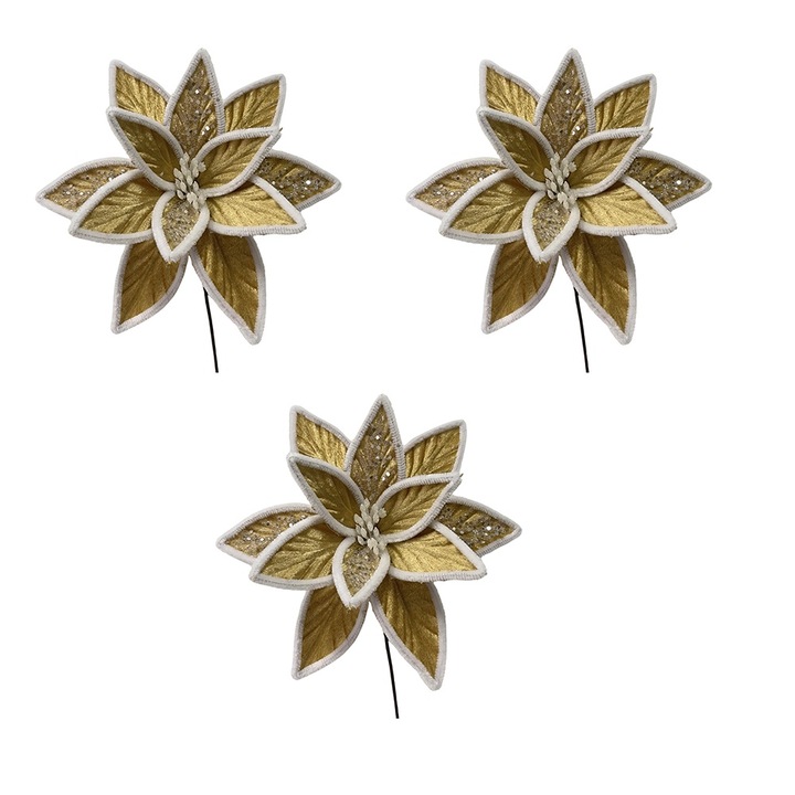 Decoratiune Craciun, Set 3 flori artificiale din catifea si glitter, auriu, 24cm