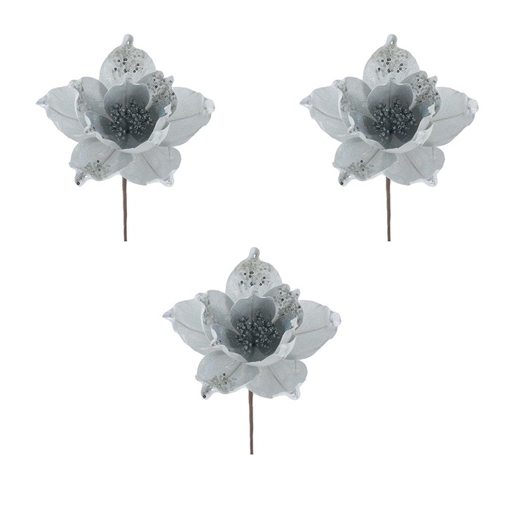 Decoratiune Craciun, Set 3 flori artificiale din catifea si paiete, argintiu, 24cm