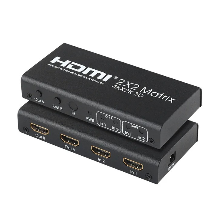 Адаптер 2x2 HDMI Matrix 2 In 2 изход HDMI Switch Splitter 2X2 4K 3D 1080P с дистанционно управление, черен, RiKbo®