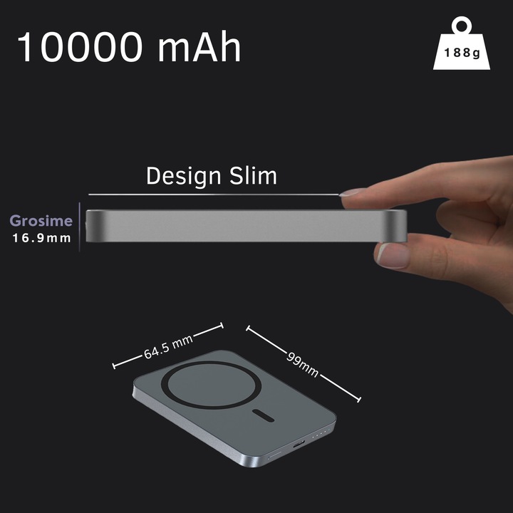 iCharge vezeték nélküli külső akkumulátor, Ronic X, 10 000 mAh, kompatibilis iPhone 12-15 Pro Max és Android készülékekkel, 15 W, hordozható, C-típusú kábel mellékelve, szürke