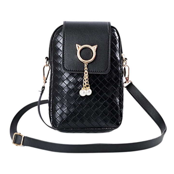 Geanta de umar pentru telefon, piele PU, model mozaic, neagra, dimensiuni mici