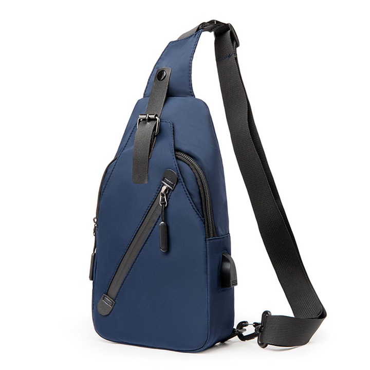 Női táska, férfi táska, mellkasi táska, hátizsák USB töltőporttal sétához, túrázáshoz, kék