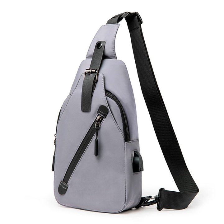 Női táska, férfi táska, mellkasi táska, hátizsák USB töltőporttal sétához, túrázáshoz, szürke