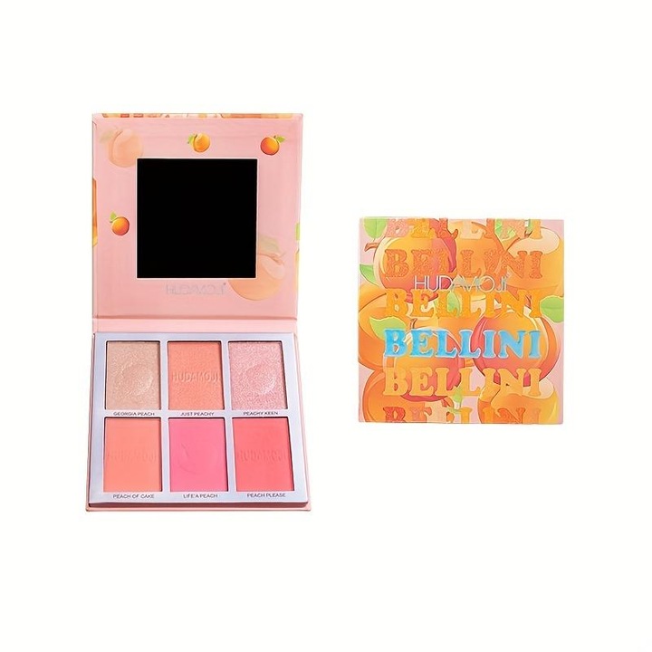 Huda Beauty палитра руж и хайлайтър, 6 нюанса, розово, натурален ефект