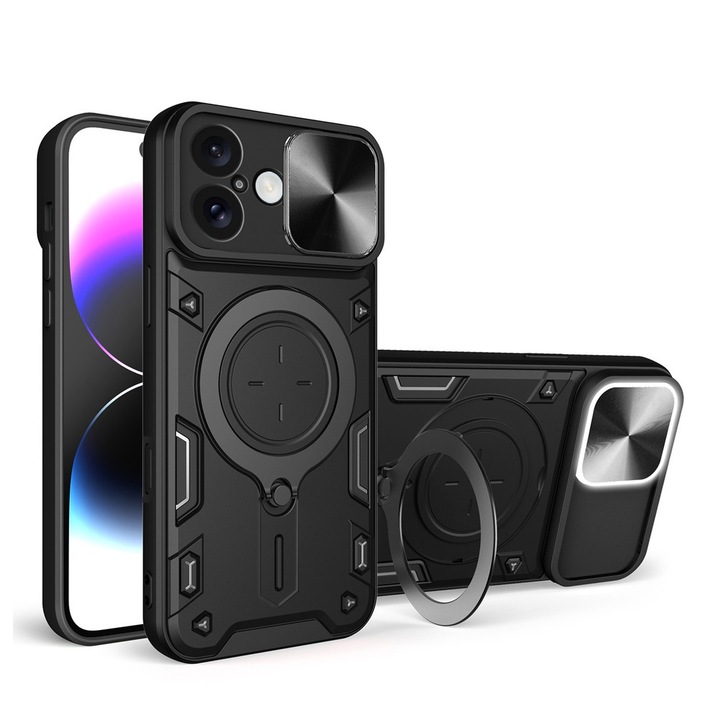 Husa SurveilPro Spate 360° Ring Design Lens Cover pentru Apple iPhone 17, Protectie Avansata, Functie Magnetica, Suportul Inel Rotativ din Inox, Negru