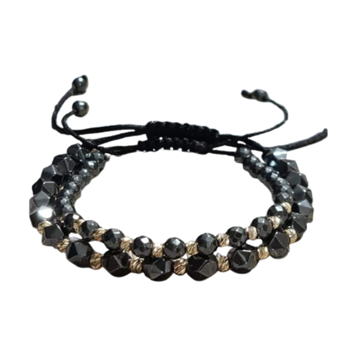 Set 2 Bratari unisex snur reglabil din pietre semipretioase Hematit si bile de Aur 14k