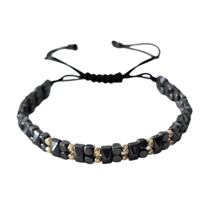 Karkötő állítható zsinórral, hematitokkal és 14 karátos arany golyókkal