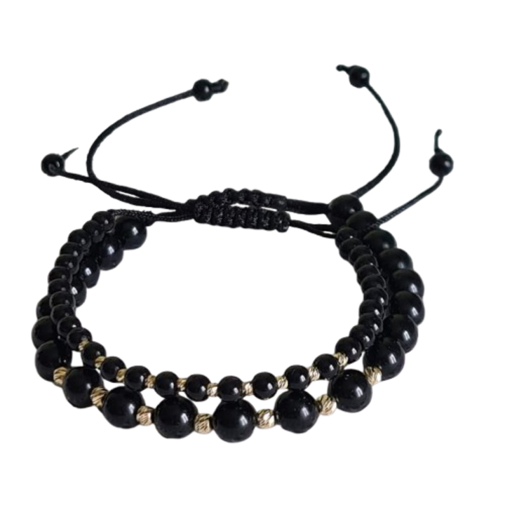 2 db állítható unisex karkötő, fekete ónix és 14 karátos arany golyók készlete
