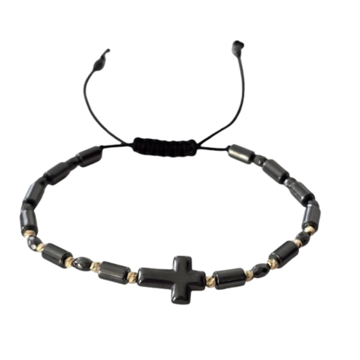 Kereszt karkötő, hematittal és 14 karátos arany gyöngyökkel