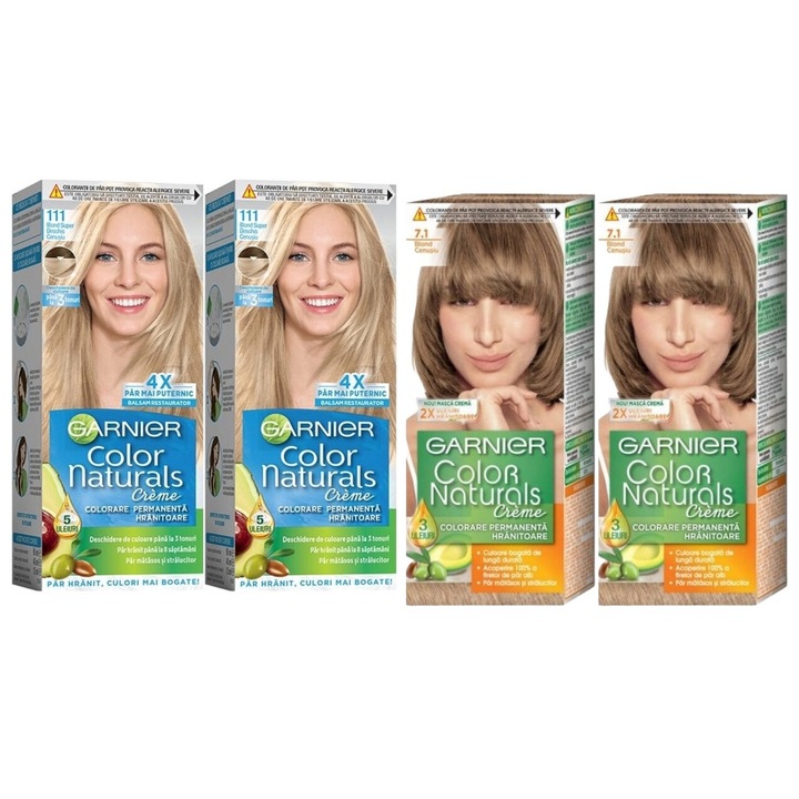 Garnier szett 4 db komponens, 2 db Color Naturals hajfesték 111 szuper világos hamvas szőke, 2 db Color Naturals hajfesték 7/1 hamvasszőke, bőrgyógyászatilag tesztelt, hosszan tartó frissesség, nem mérgező, környezetbarát , fényes megjelenés