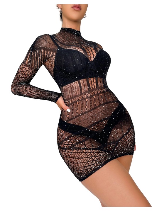 Rochie cu maneca lunga, stralucitoare, cu strasuri, din plasa, lenjerie neinclusa
