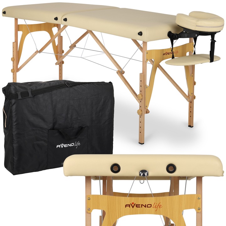 Masa de masaj pliabila, portabila universala Aveno Life Sonia, greutate 11kg, saltea spuma 3,5 cm, geanata transport, inaltime reglabila 62-84 cm, greutate maxima 250 kg, dimensiuni 60x165cm, cadru de lemn, Piele ecologica