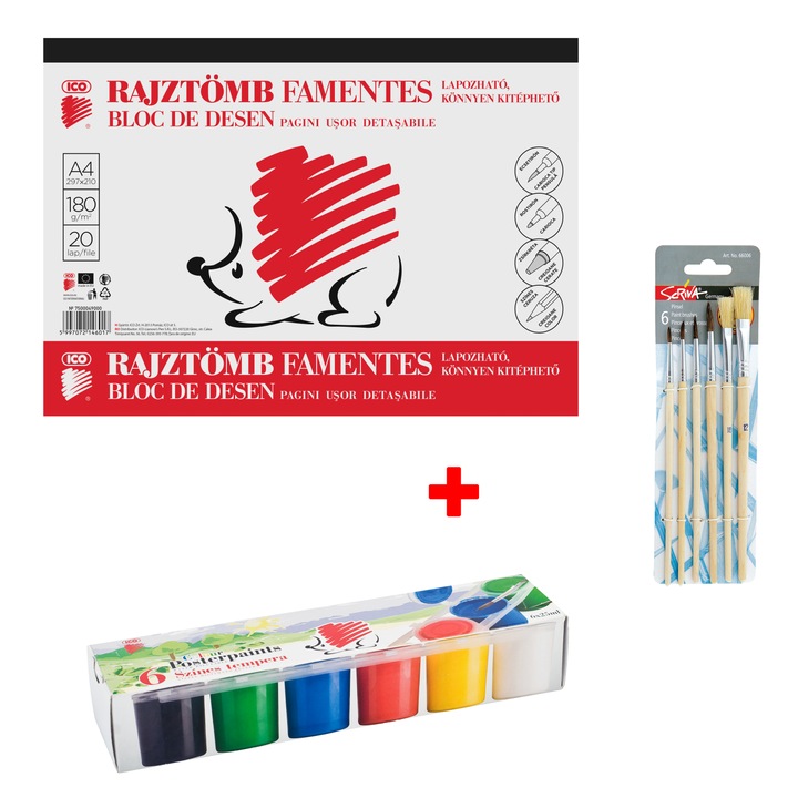 Pachet Bloc desen Ico Arici + Acuarele guase Ico Arici + Pensule 6/set