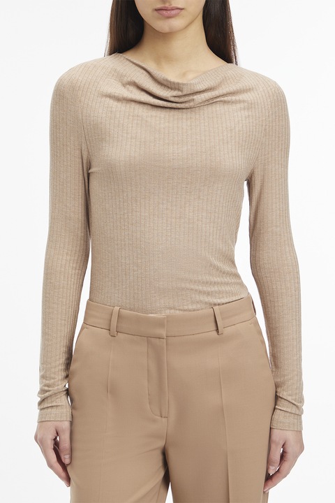 CALVIN KLEIN, Bluza striata cu decolteu drapat, Bej, 2XL