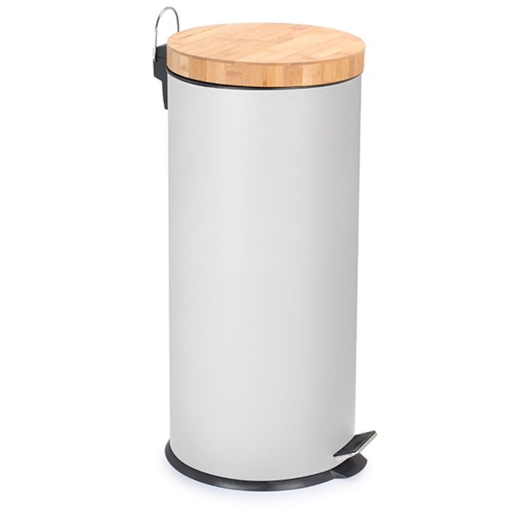 Кошче за боклук 30 литра, бавно и безшумно затваряне, Frandis, диаметър 29,2 см, височина 62,5 см, включително PP кофа с дръжка, метал с капак от естествен бамбук, бяло/естествено, модел P354368