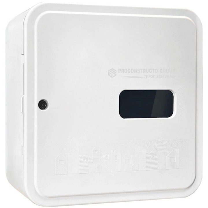 Firida 60x60x25 cm, Proconstructo Group, cutie pentru contor de gaz si regulator, gri, din plastic, cu 8 orificii acoperite si fereastra, ignifuga, stabila UV
