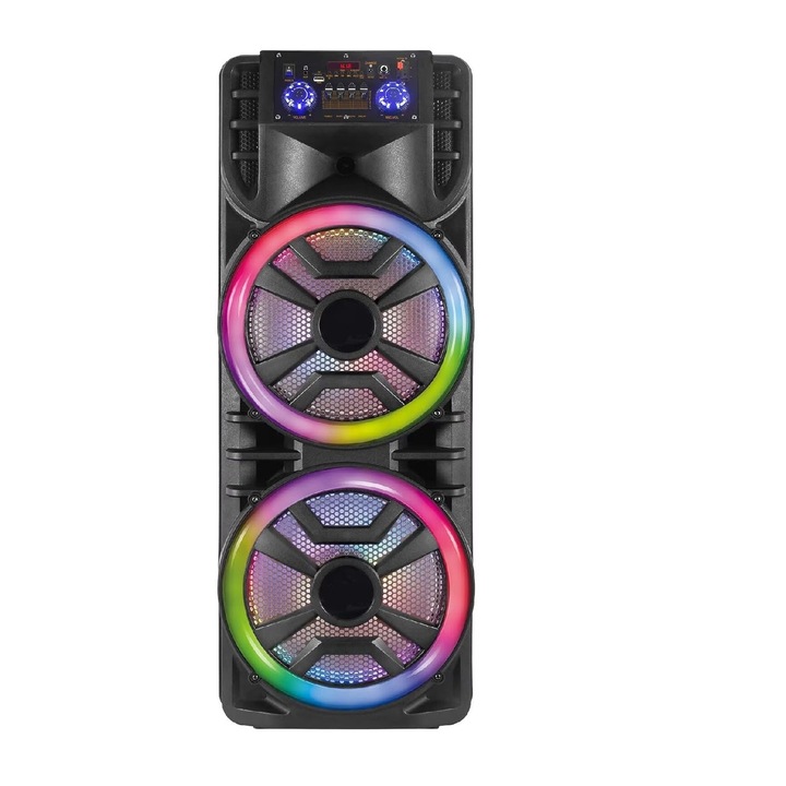 Преносим високоговорител с 2 високоговорителя x 12", Bluetooth, 80 W, супер бас, микрофон, дистанционно, 6000 mAh, RGB, черен