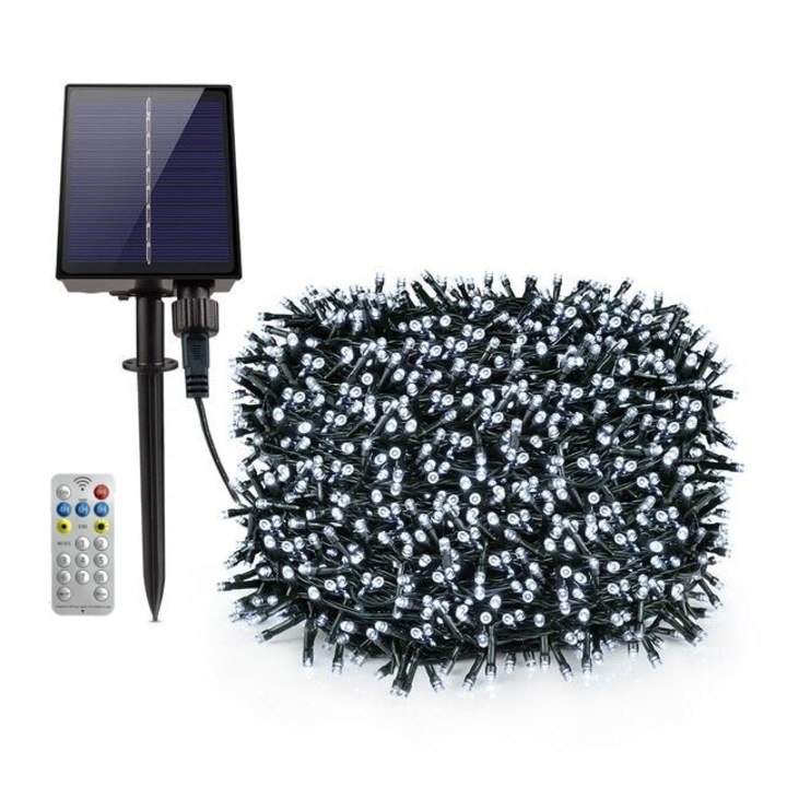 Solar Christmas telepítés, 1000 LED, 100 méter, nagy napelem panel, távirányító, 1200mAh, fehér