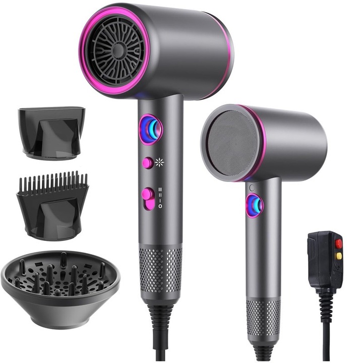 Професионален йонен сешоар, AYCYKD, сешоар с мощност 2000 W, керамично ядро, професионален сешоар Feon с 3 скорости и 2 температурни нива, LED светлина, бутон за студено/топло, комплект от 4 аксесоара, отрицателни йони, сиво-розово