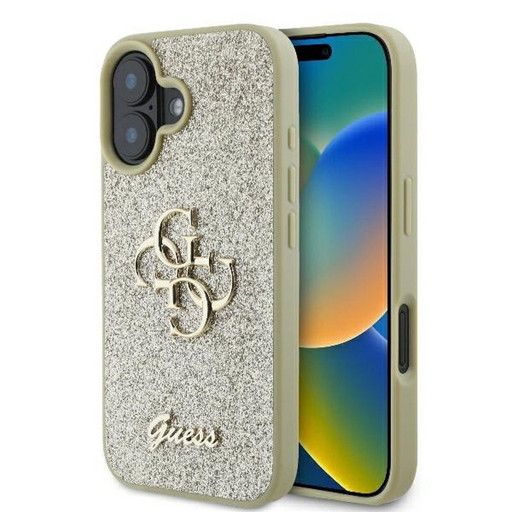 Husa Guess pentru iPhone 16 Plus, Model, Fixed Glitter Big 4G, Auriu