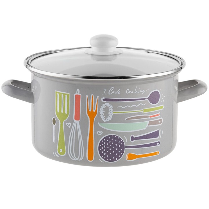 Staffio тенджера, със стъклен капак, въглеродна стомана, емайлирана, сива, 22см-4,2, Florina