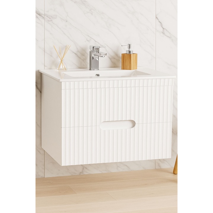 Set mobilier baza cu lavoar, seria 009, 80cm, suspendat cu sertare, Badenmob, alb