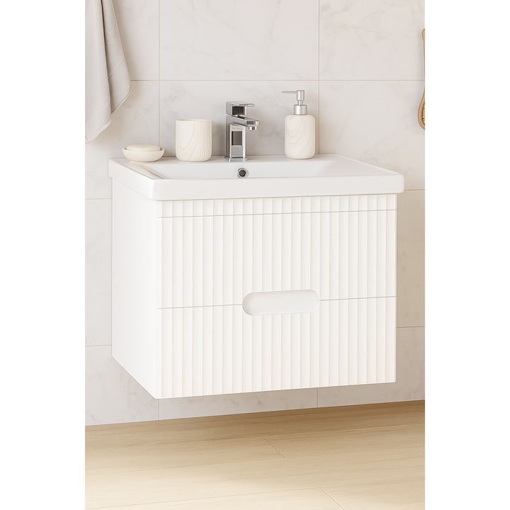Set mobilier baza cu lavoar, seria 709, 70cm, suspendat cu sertare, Badenmob, alb