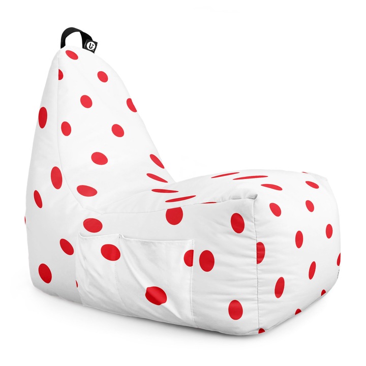 Fotoliu Updeco Puf Bean Bag tip Chill, sac interior, impermeabil, indoor/outdoor, cu maner, 62 x 95 x 75 cm, Alb Cu Buline Rosii