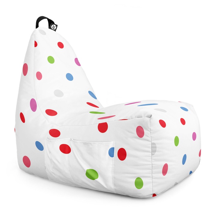 Fotoliu Updeco Puf Bean Bag tip Chill, sac interior, impermeabil, indoor/outdoor, cu maner, 62 x 95 x 75 cm, Alb Cu Buline Multicolore