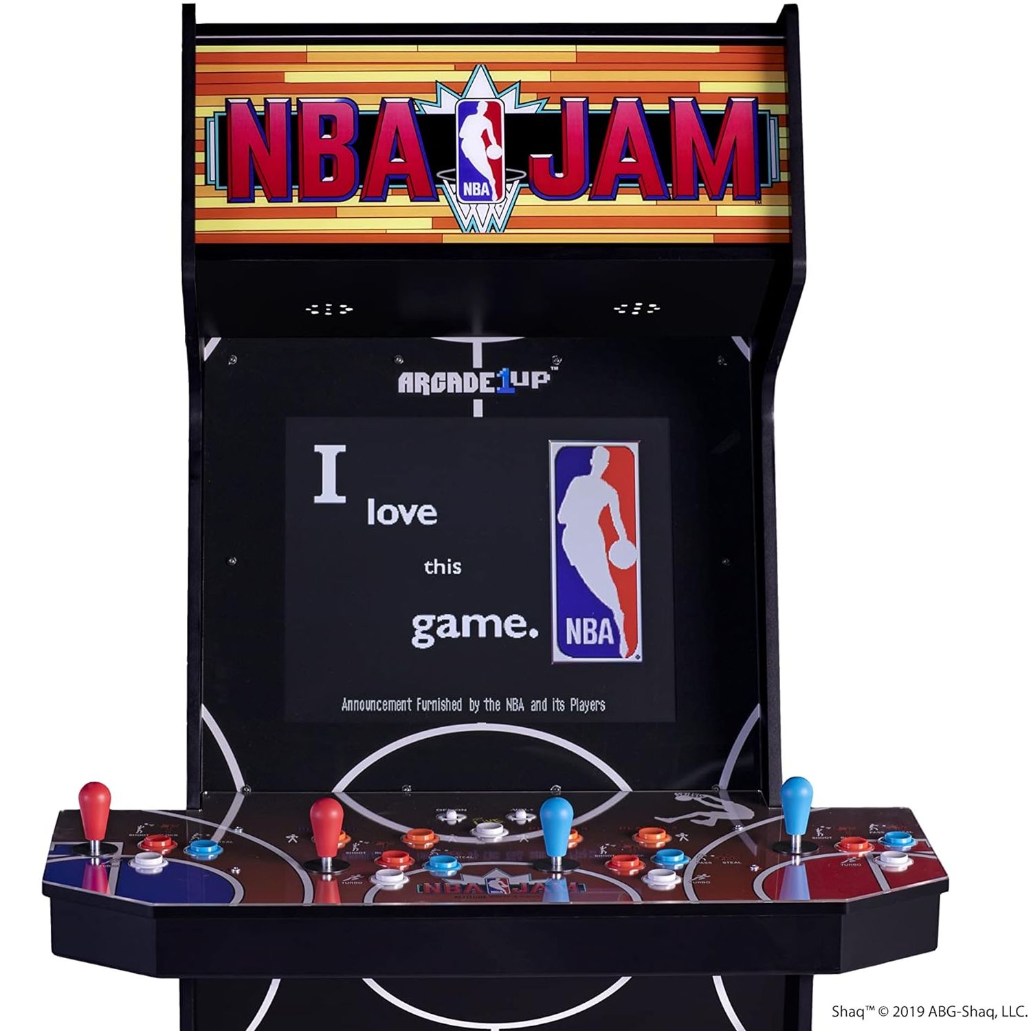 Consola verticala 3 jocuri ARCADE1UP, NBA Jam: Shaq Edition, H 170 cm, display color 19 inch, iluminare Marquee, difuzor extern, volum ajustabil, protectie anti-rasturnare, comenzi arcade real-feel, multicolor