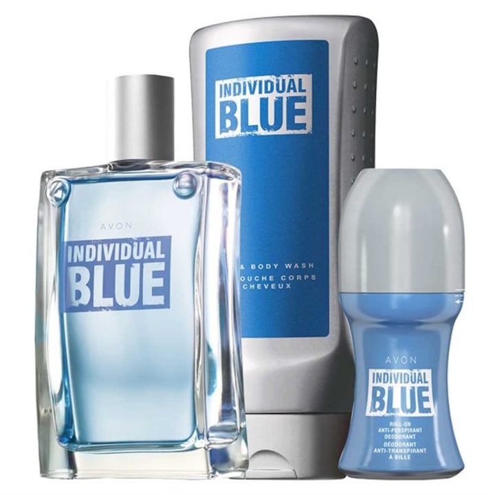 Set INDIVIDUAL BLUE: Apa de toaleta 100 ml, Gel de dus pentru corp si par 250 ml, Deodorant cu bila 50ml