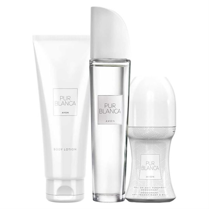 Set Pur Blanca 3 produse - Apa de toaleta 50 ml, Lotiune de corp 125 ml si Roll-on 50 ml, Avon, 225 ml