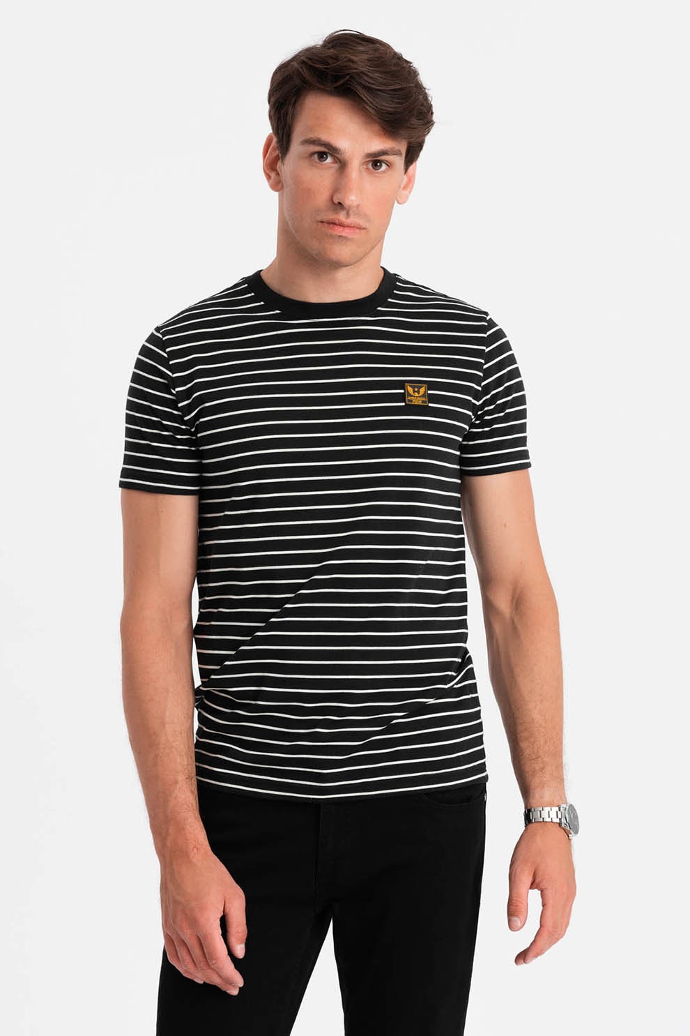 OMBRE, Tricou din amestec de bumbac cu dungi, Negru, Alb murdar, S