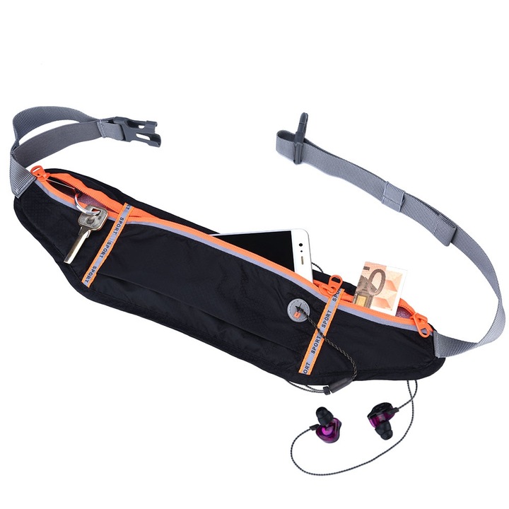 Jormftte sporttáska, vízálló, két zsebbel 6 hüvelykes telefonig, fényvisszaverő csíkkal, fekete