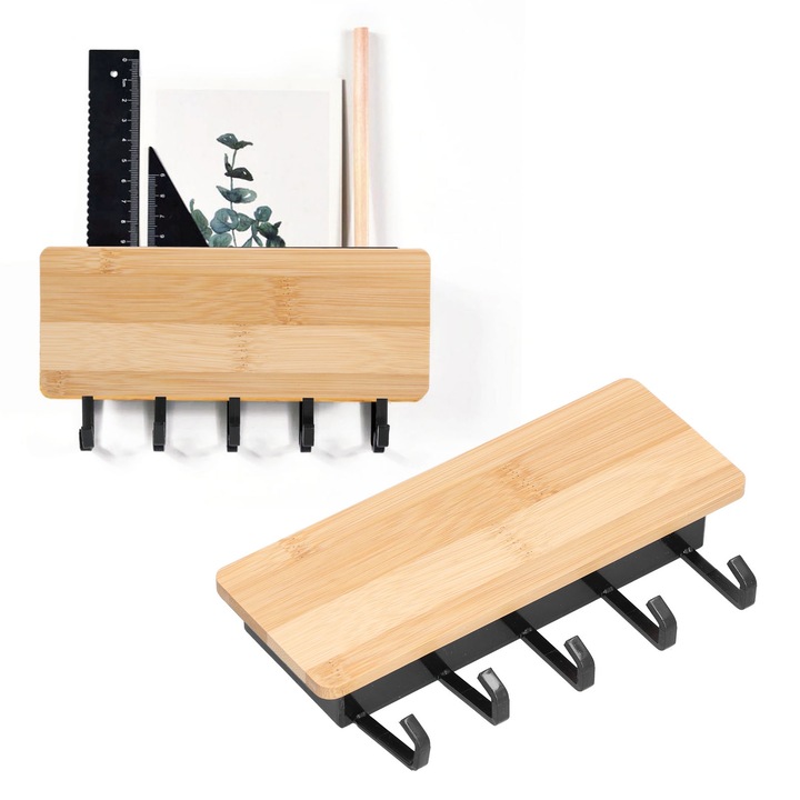 Falra szerelhető kulcstartó, Longziming, bambusz, 18,2x9,5x3cm, elegáns dizájn, csúszásgátló