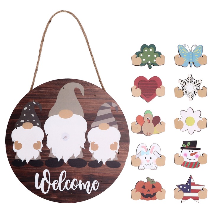 Kerek fa tábla LED-ekkel, rusztikus bejárati ajtódísz, Jormftte, 30x30cm