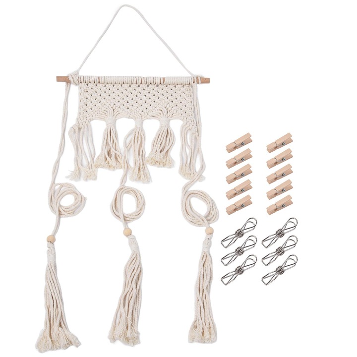 Bohém kalaptartó, Jormftte, pamutkötél kalaptartó, 16 klip, többszínű